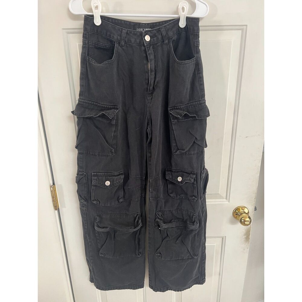 Black 12 Pockets Wide Leg Cargo Jeans Baggy Utility Pants W29 Fashion Nova Y2K